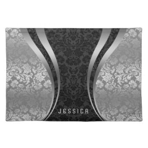 Elegant Black And Silver Gray Floral Damasks Cloth Placemat