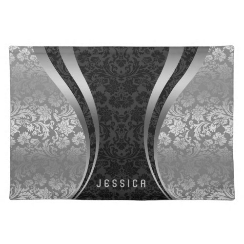 Elegant Black And Silver Gray Floral Damasks Cloth Placemat