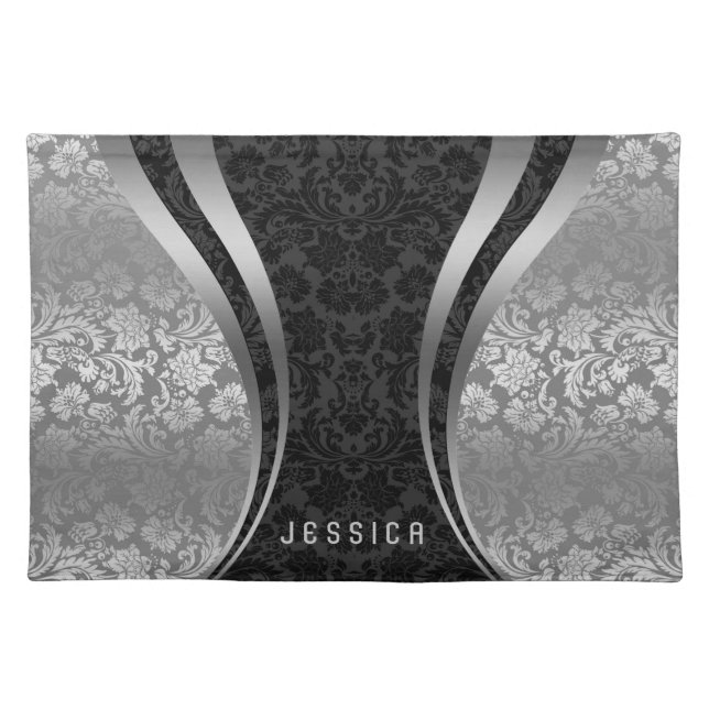 Elegant Black And Silver Gray Floral Damasks Cloth Placemat (Front)
