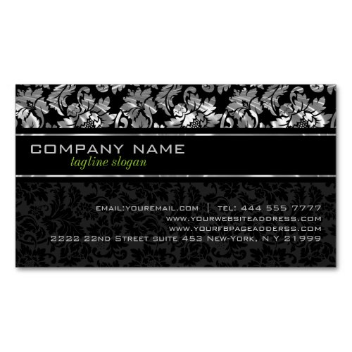 Elegant Black And Silver Gray Floral Damasks Magnetic Business Card