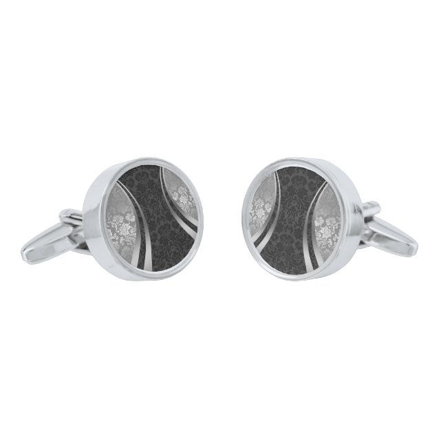 Elegant Black And Silver Gray Tones Floral Damasks Cufflinks (Angled)