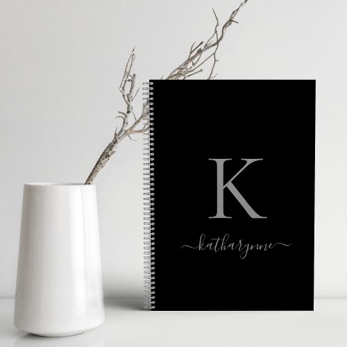 Elegant Black and Silver Monogram Script Name Notebook