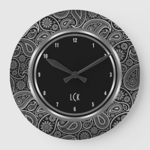 Elegant Black And Silver Paisley Circle Frame Large Clock