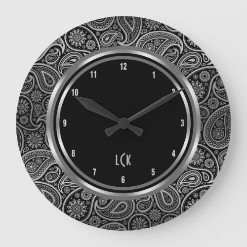 Elegant Black And Silver Paisley Circle Frame Large Clock
