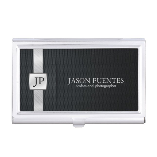 Elegant Black and Silver Professional Business Card Holder (Front)