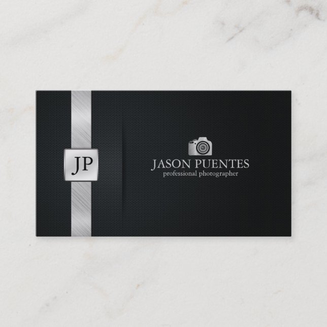 Elegant Black and Silver Professional Photographer Business Card (Front)