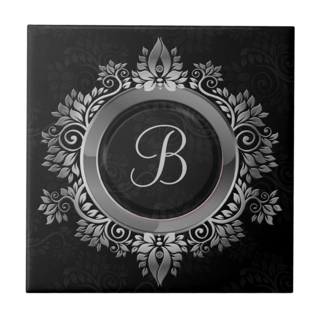 Elegant Black and silver single initial monogram Tile (Front)