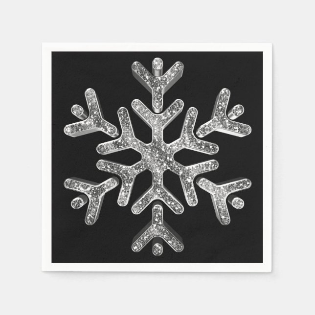Elegant Black and Silver Snowflake Christmas Party Napkins (Front)