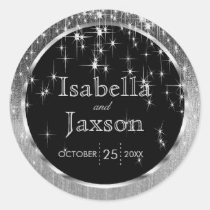 Elegant Black and Silver Starlights Wedding Classic Round Sticker