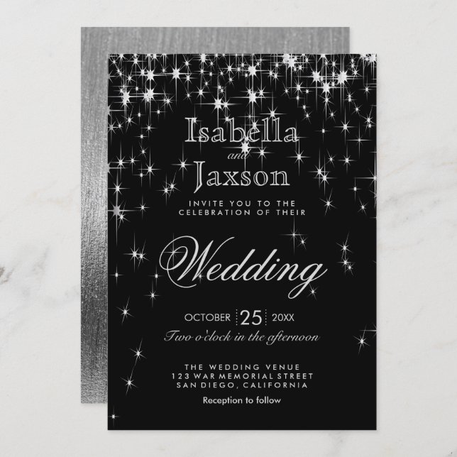 Elegant Black and Silver Starlights Wedding Invitation (Front/Back)
