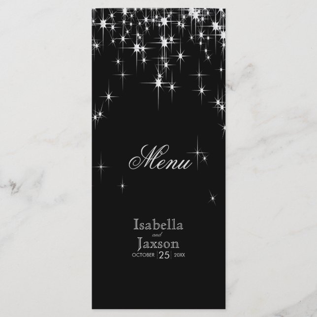 Elegant Black and Silver Starlights Wedding - Menu (Front)