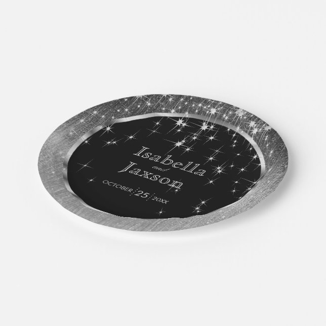 Elegant Black and Silver Starlights Wedding Paper Plates (Angled)