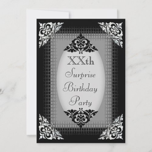 Elegant Black and Silver Surprise Birthday Custom Invitations