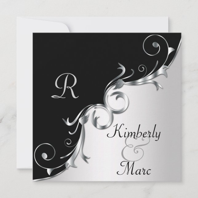 Elegant Black and Silver Swirls Wedding Invitation (Front)