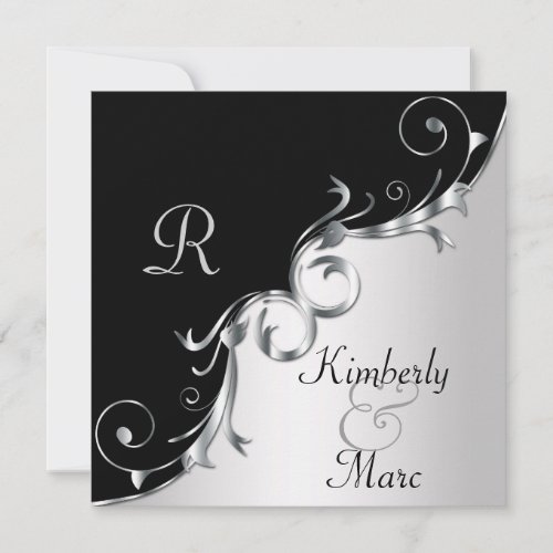 Elegant Black and Silver Swirls Wedding Invitation