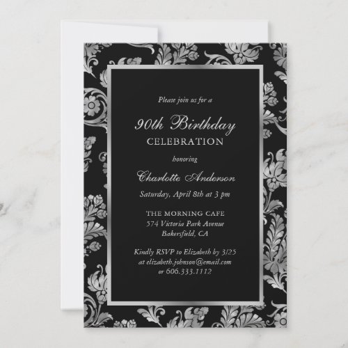 Elegant Black and Silver Vintage 90th Birthday Invitation