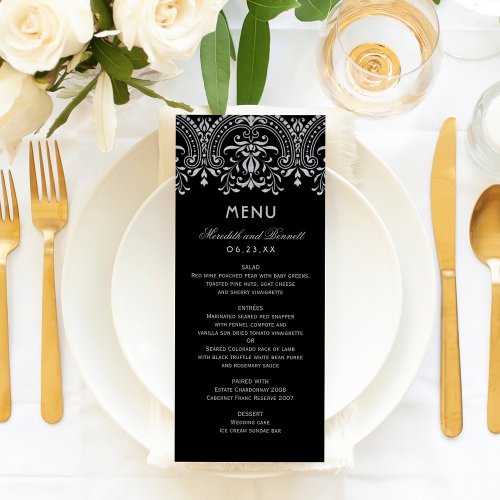 Elegant Black and Silver Vintage Glamour Wedding Menu