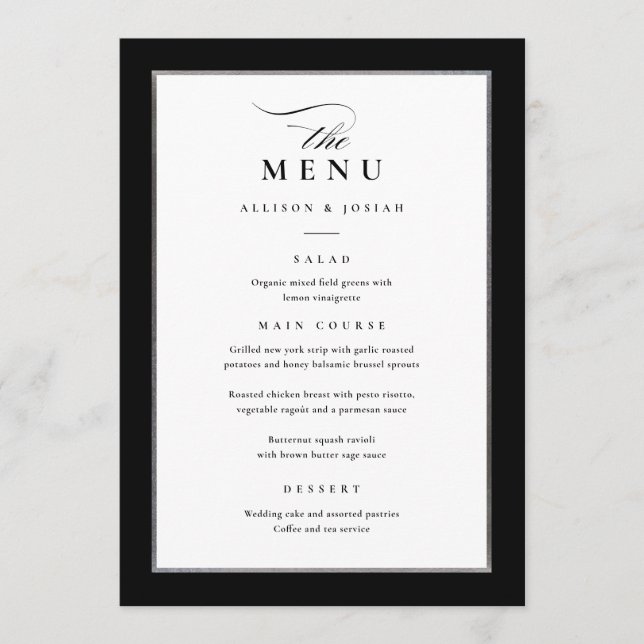 Elegant Black and Silver Wedding Menu (Front)