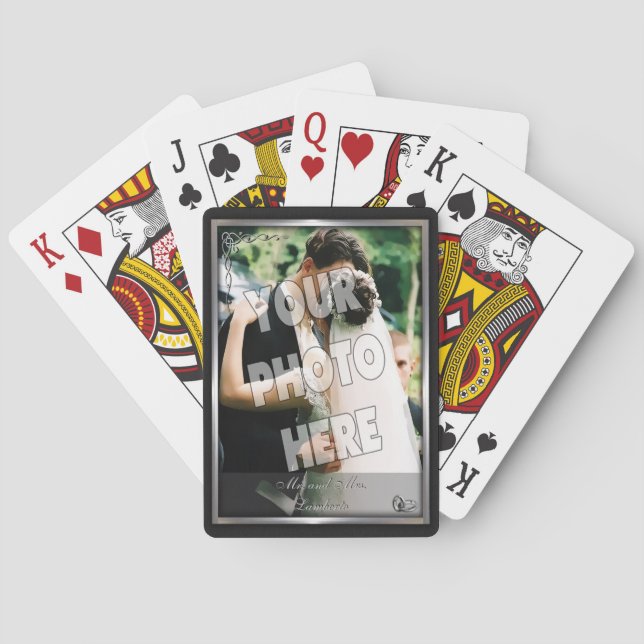 Elegant Black and Silver Wedding Photo Template Poker Cards (Back)