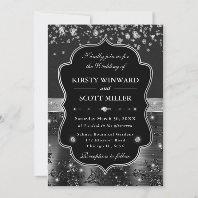 Elegant Black and Silver with Diamonds Wedding Invitation (Front)