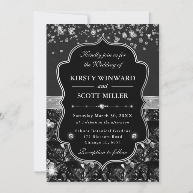 Elegant Black and Silver with Diamonds Wedding Invitation (Front)