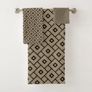 Elegant Black and Tan Geometric Bath Towel Set