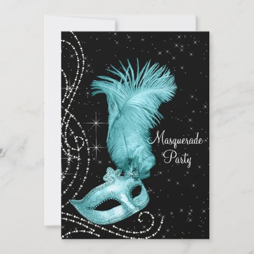 Elegant Black and Teal Blue Masquerade Party Invitation