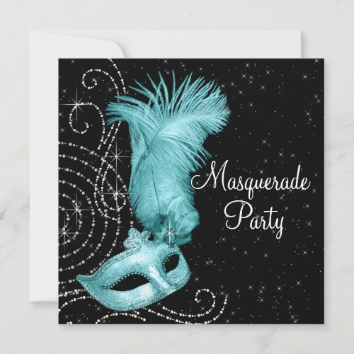 Elegant Black and Teal Blue Masquerade Party Invitation