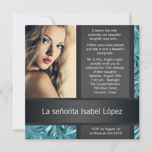 Elegant Black and Teal Blue Photo Quinceanera Invite