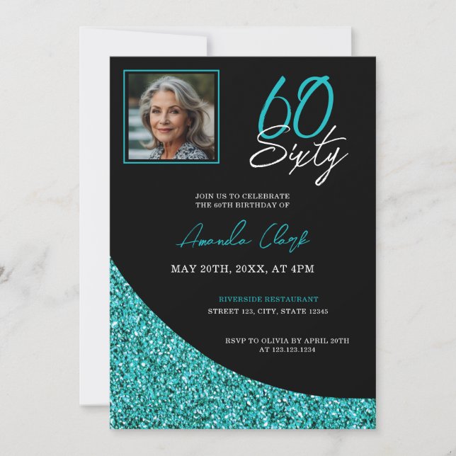 Elegant Black and Teal Glitter 60th Birthday Invitation (Front)