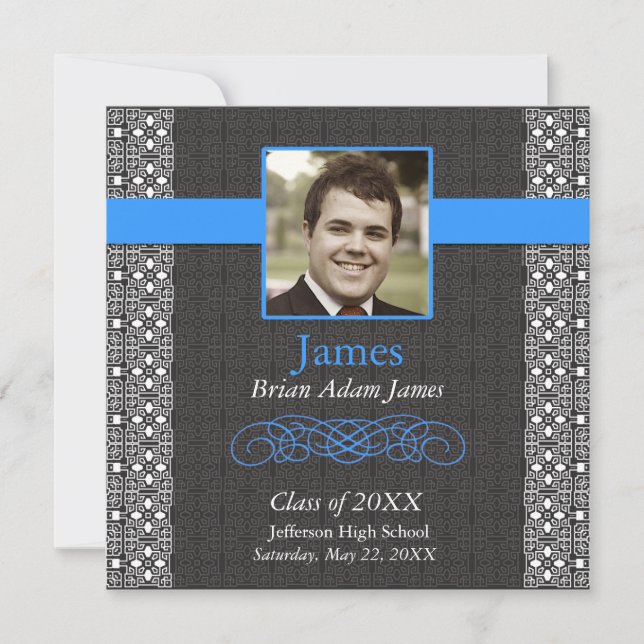 Elegant Black and True Blue -Graduation invites (Front)