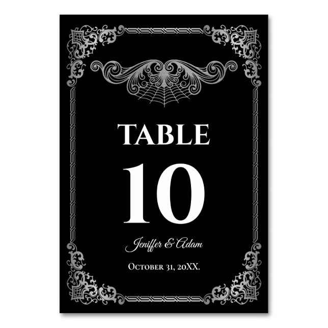 Elegant black and whit Gothic Wedding Table number (Front)