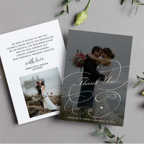 Elegant black and white 2 photos script wedding thank you card