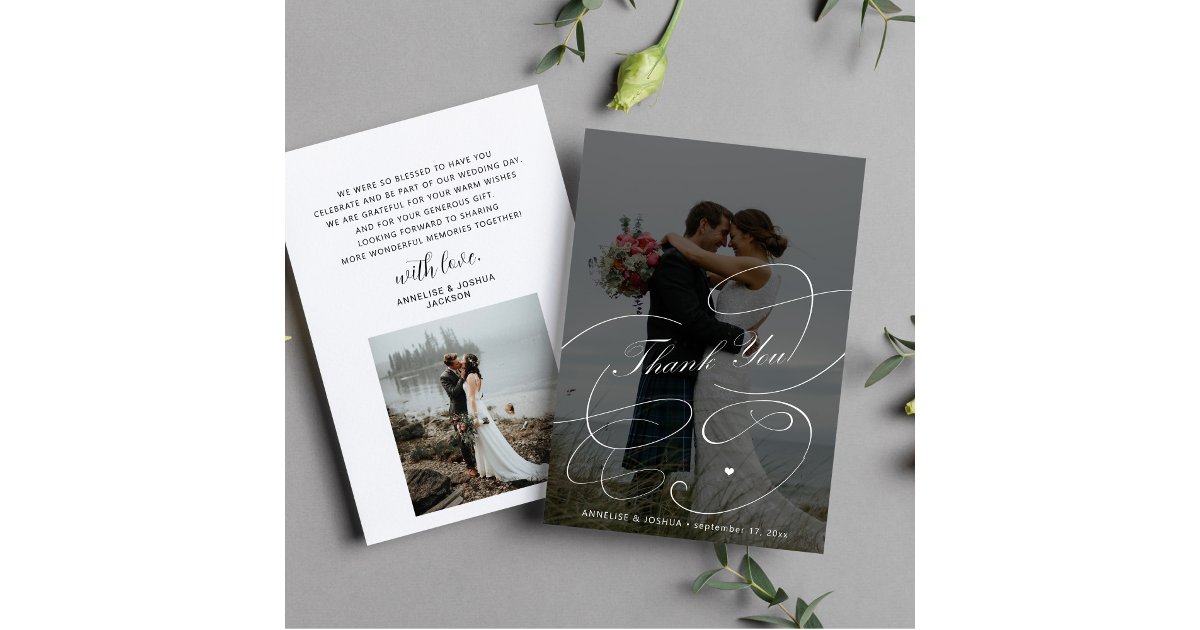 Elegant black and white 2 photos script wedding thank you card | Zazzle