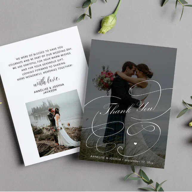 Elegant black and white 2 photos script wedding thank you card | Zazzle