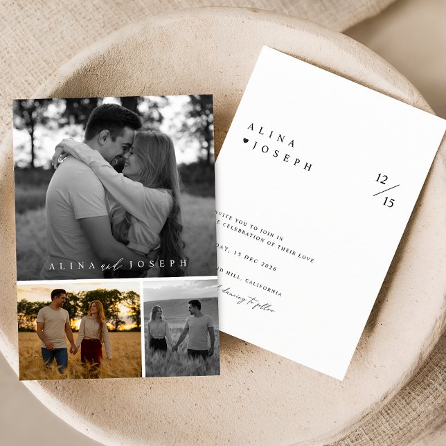 Elegant Black and White 3 Photo Collage Wedding Invitation (Creator Uploaded)