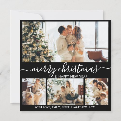 Elegant Black and White  4 Photo Collage Christmas Holiday Card