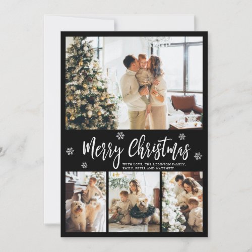 Elegant Black and White 4 Photo Collage Christmas  Holiday Card