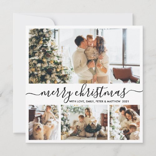 Elegant Black and White 4 Photo Collage Christmas Holiday Card