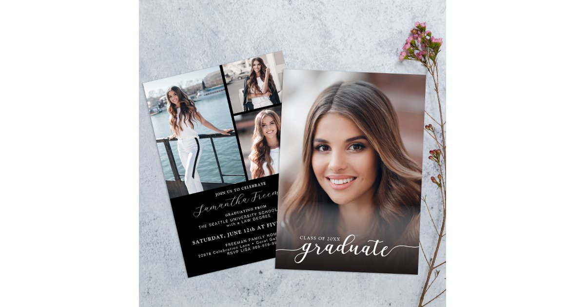 Elegant Black and White 4-Photo Graduation Party Invitation | Zazzle