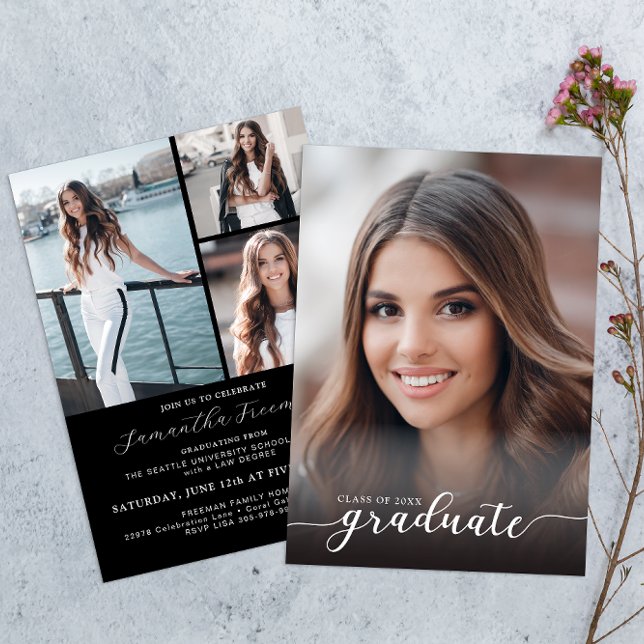 Elegant Black and White 4-Photo Graduation Party  Invitation (White font - black background)