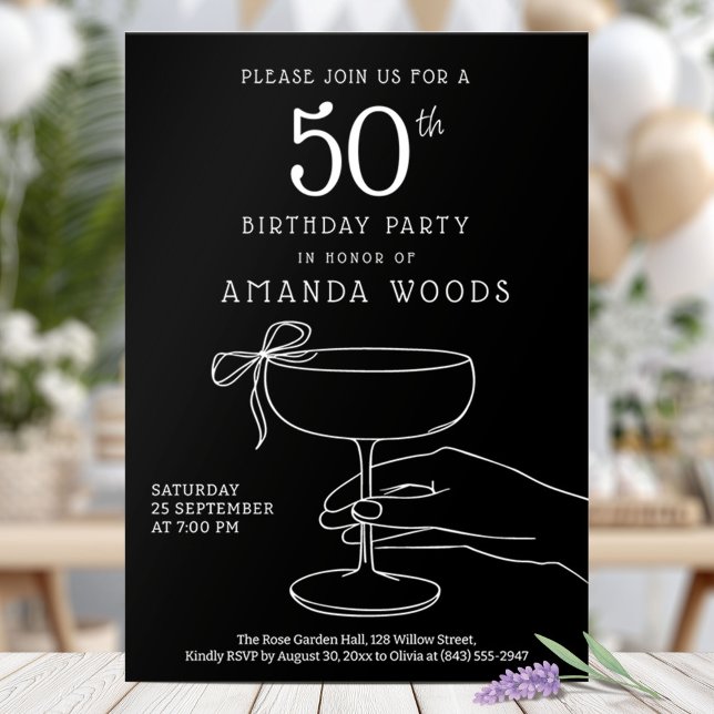 Elegant Black and White 50th Birthday Party Card (Creator Uploaded)