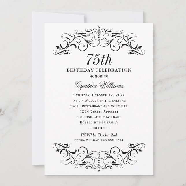 Elegant Black and White 75th Birthday Celebration Invitation (Front)