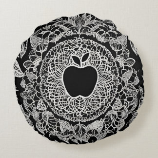 Elegant Black and White Apple Mandala Lace Round Pillow
