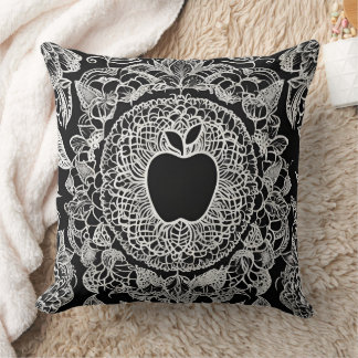 Elegant Black and White Apple Mandala Lace Throw Pillow