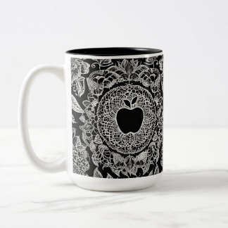 Elegant Black and White Apple Mandala Lace Two-Tone Coffee Mug