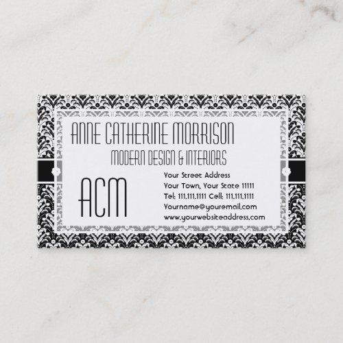 Elegant Black and White Art Deco Floral Damask Business Card Template