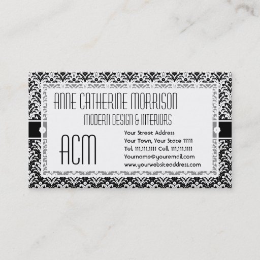 Customizable Elegant Black and White Art Deco Floral Damask Business Card Template