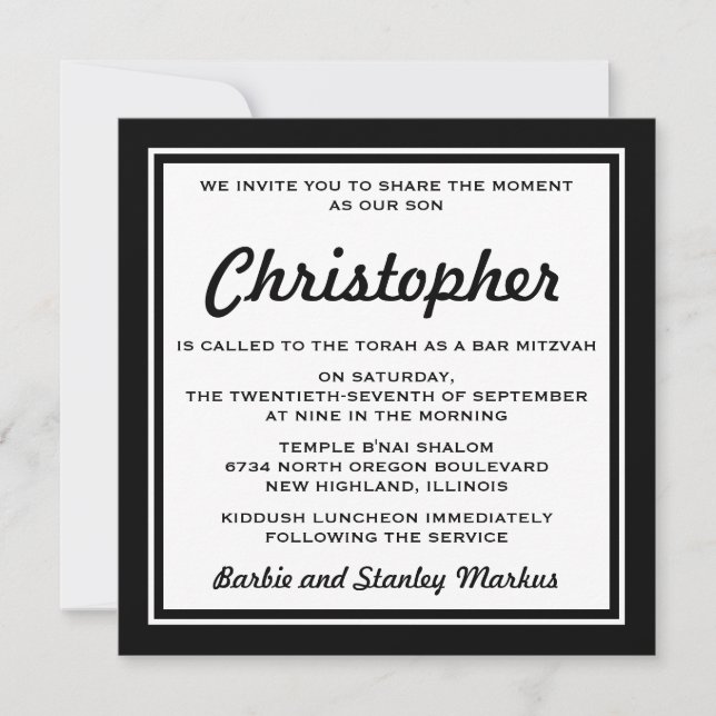 Elegant Black and White Bar Mitzvah Invitation (Front)