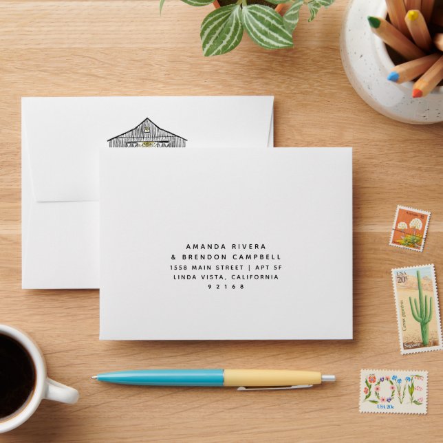 Elegant Black and White Barn RSVP Envelope (Desk)